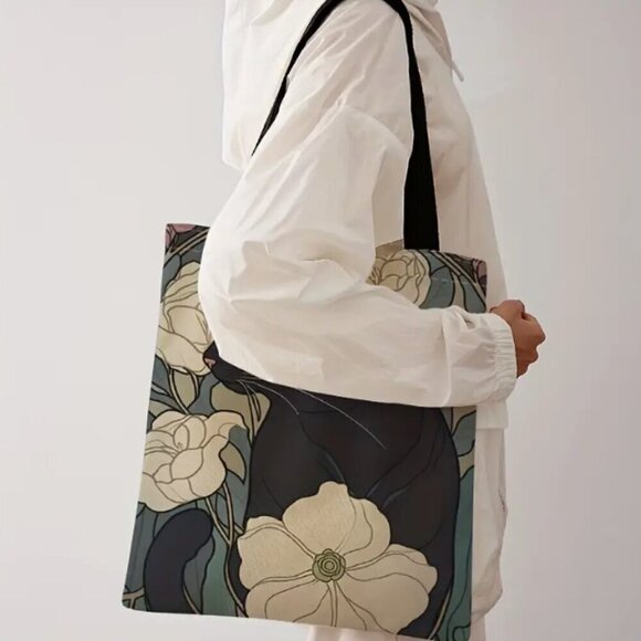 Cat and Camelias Reusable Shopping Tote Poly Canvas - Picture 3 of 4